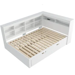 Lit Gigogne 140x200 cm avec Lit Tiroir 90x190 cm, en Bois Massif avec Rangement et Prise USB Intégrée, Lit Multifonction Blanc