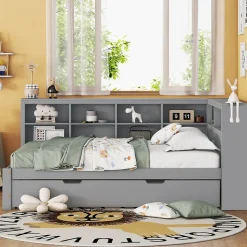 Lit Gigogne 140x200 cm avec Lit Tiroir 90x190 cm, en Bois Massif avec Rangement et Prise USB Intégrée, Lit Multifonction Gris