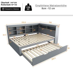 Lit Gigogne 140x200 cm avec Lit Tiroir 90x190 cm, en Bois Massif avec Rangement et Prise USB Intégrée, Lit Multifonction Gris