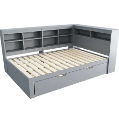 Lit Gigogne 140x200 cm avec Lit Tiroir 90x190 cm, en Bois Massif avec Rangement et Prise USB Intégrée, Lit Multifonction Gris