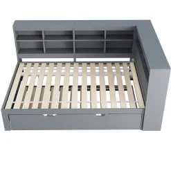 Lit Gigogne 140x200 cm avec Lit Tiroir 90x190 cm, en Bois Massif avec Rangement et Prise USB Intégrée, Lit Multifonction Gris