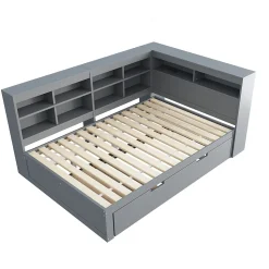 Lit Gigogne 140x200 cm avec Lit Tiroir 90x190 cm, en Bois Massif avec Rangement et Prise USB Intégrée, Lit Multifonction Gris