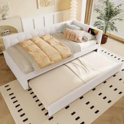 Lit gigogne 90x200 cm avec lit tiroir, lampe intégrée, ports USB et Type-C - 2 couchages gain de place - blanc imitation laine