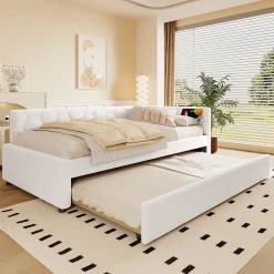 Lit gigogne 90x200 cm avec lit tiroir, lampe intégrée, ports USB et Type-C - 2 couchages gain de place - blanc imitation laine