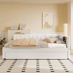 Lit gigogne 90x200 cm avec lit tiroir, lampe intégrée, ports USB et Type-C - 2 couchages gain de place - blanc imitation laine