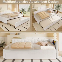 Lit gigogne 90x200 cm avec lit tiroir, lampe intégrée, ports USB et Type-C - 2 couchages gain de place - blanc imitation laine