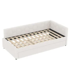 Lit gigogne 90x200 cm avec lit tiroir, lampe intégrée, ports USB et Type-C - 2 couchages gain de place - blanc imitation laine