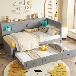 Lit gigogne 90x200 cm avec rangement latéral, LED télécommande et ports USB - sommier inclus - sans matelas - gris