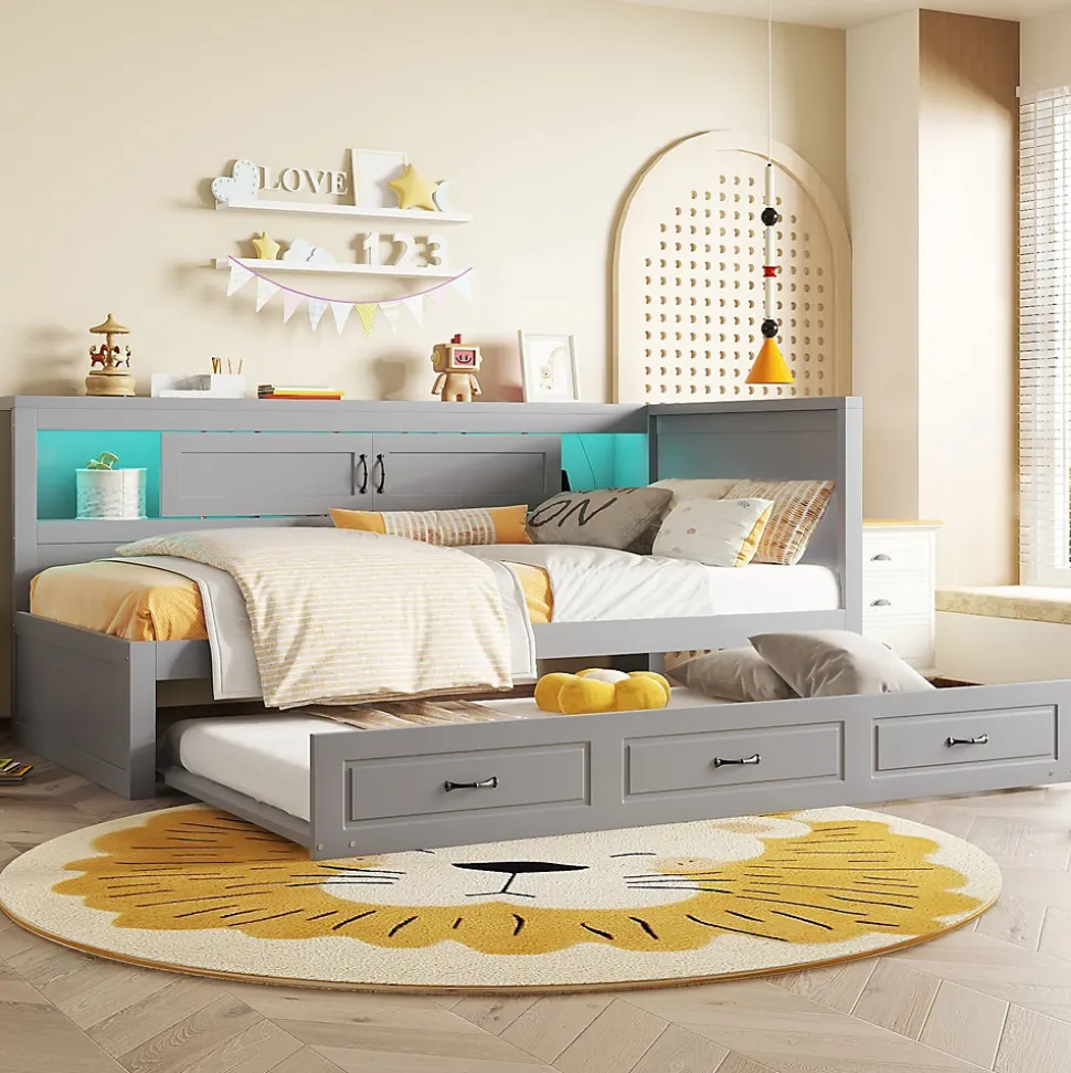 Lit gigogne 90x200 cm avec rangement latéral, LED télécommande et ports USB - sommier inclus - sans matelas - gris