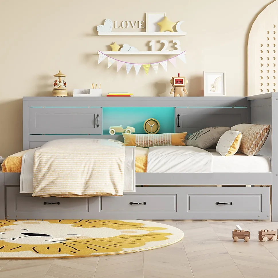 Lit gigogne 90x200 cm avec rangement latéral, LED télécommande et ports USB - sommier inclus - sans matelas - gris