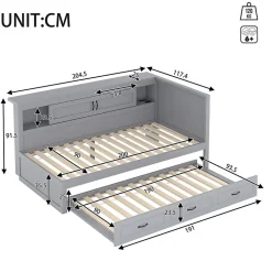 Lit gigogne 90x200 cm avec rangement latéral, LED télécommande et ports USB - sommier inclus - sans matelas - gris