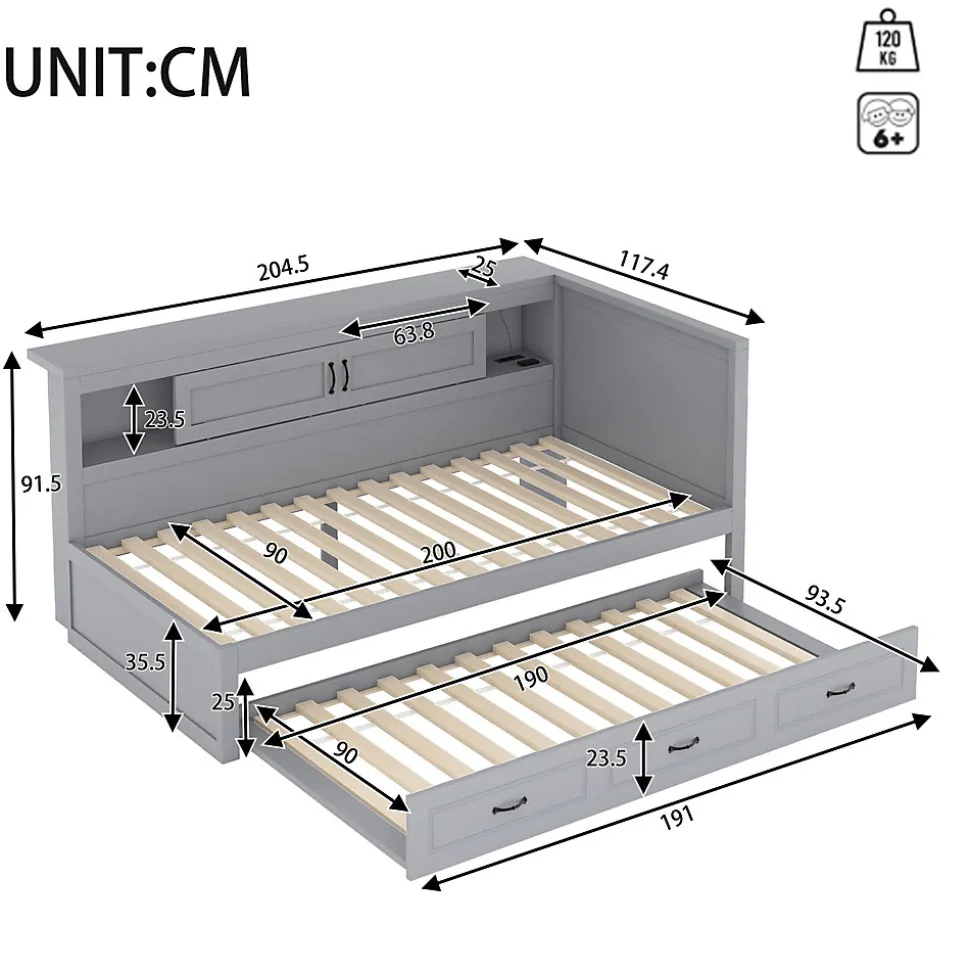 Lit gigogne 90x200 cm avec rangement latéral, LED télécommande et ports USB - sommier inclus - sans matelas - gris