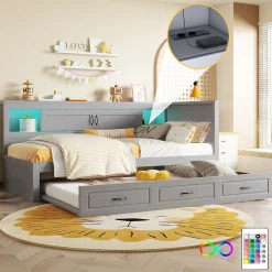 Lit gigogne 90x200 cm avec rangement latéral, LED télécommande et ports USB - sommier inclus - sans matelas - gris