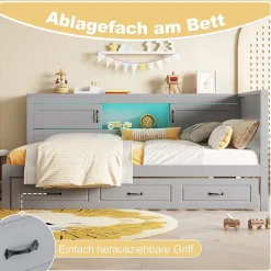 Lit gigogne 90x200 cm avec rangement latéral, LED télécommande et ports USB - sommier inclus - sans matelas - gris