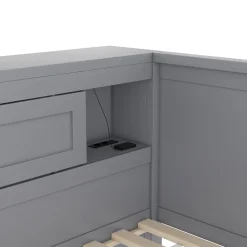 Lit gigogne 90x200 cm avec rangement latéral, LED télécommande et ports USB - sommier inclus - sans matelas - gris