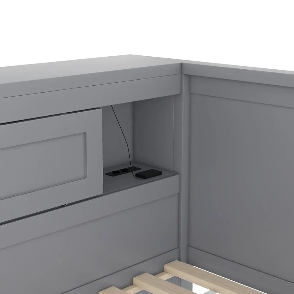 Lit gigogne 90x200 cm avec rangement latéral, LED télécommande et ports USB - sommier inclus - sans matelas - gris