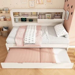 Lit Gigogne 90x190/200 cm avec Rangement, Compartiment Ouvert et Ports USB/USB-C, MDF/Contreplaqué/Panneaux de Particules, Blanc