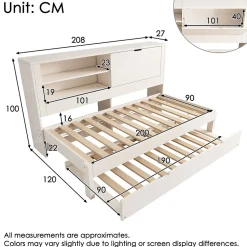 Lit Gigogne 90x190/200 cm avec Rangement, Compartiment Ouvert et Ports USB/USB-C, MDF/Contreplaqué/Panneaux de Particules, Blanc