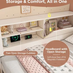 Lit Gigogne 90x190/200 cm avec Rangement, Compartiment Ouvert et Ports USB/USB-C, MDF/Contreplaqué/Panneaux de Particules, Blanc