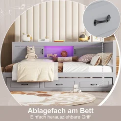 Lit gigogne 140x200 cm avec rangement latéral, LED télécommande et ports USB - sommier inclus - sans matelas - gris
