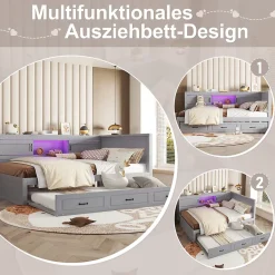 Lit gigogne 140x200 cm avec rangement latéral, LED télécommande et ports USB - sommier inclus - sans matelas - gris