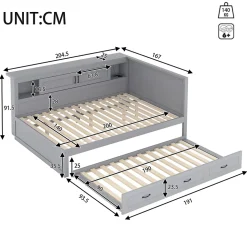 Lit gigogne 140x200 cm avec rangement latéral, LED télécommande et ports USB - sommier inclus - sans matelas - gris