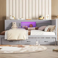 Lit gigogne 140x200 cm avec rangement latéral, LED télécommande et ports USB - sommier inclus - sans matelas - gris