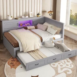 Lit gigogne 140x200 cm avec rangement latéral, LED télécommande et ports USB - sommier inclus - sans matelas - gris