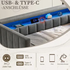 Lit Gigogne 90x190 cm avec Rangement, LED et Port USB Type-C, Design Capitonné en Velours Gris, pour Chambre d'Ado ou Invités