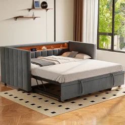 Lit Gigogne 90x190 cm avec Rangement, LED et Port USB Type-C, Design Capitonné en Velours Gris, pour Chambre d'Ado ou Invités