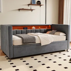 Lit Gigogne 90x190 cm avec Rangement, LED et Port USB Type-C, Design Capitonné en Velours Gris, pour Chambre d'Ado ou Invités