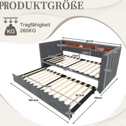 Lit Gigogne 90x190 cm avec Rangement, LED et Port USB Type-C, Design Capitonné en Velours Gris, pour Chambre d'Ado ou Invités