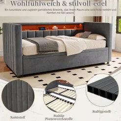 Lit Gigogne 90x190 cm avec Rangement, LED et Port USB Type-C, Design Capitonné en Velours Gris, pour Chambre d'Ado ou Invités