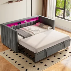 Lit Gigogne 90x190 cm avec Rangement, LED et Port USB Type-C, Design Capitonné en Velours Gris, pour Chambre d'Ado ou Invités