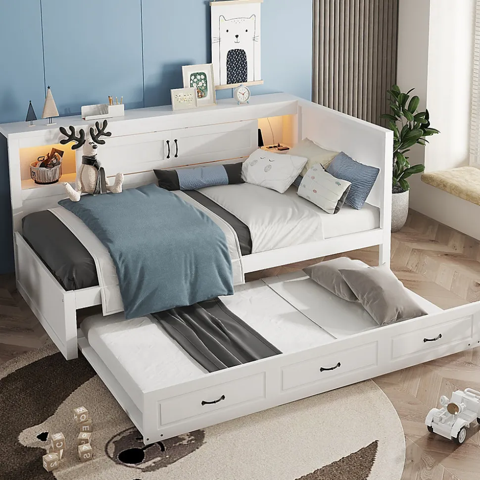 Lit gigogne 90x200 cm avec rangement latéral, LED télécommande et ports USB - sommier inclus - blanc - sans matelas