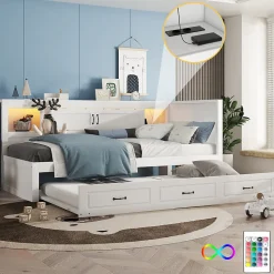Lit gigogne 90x200 cm avec rangement latéral, LED télécommande et ports USB - sommier inclus - blanc - sans matelas