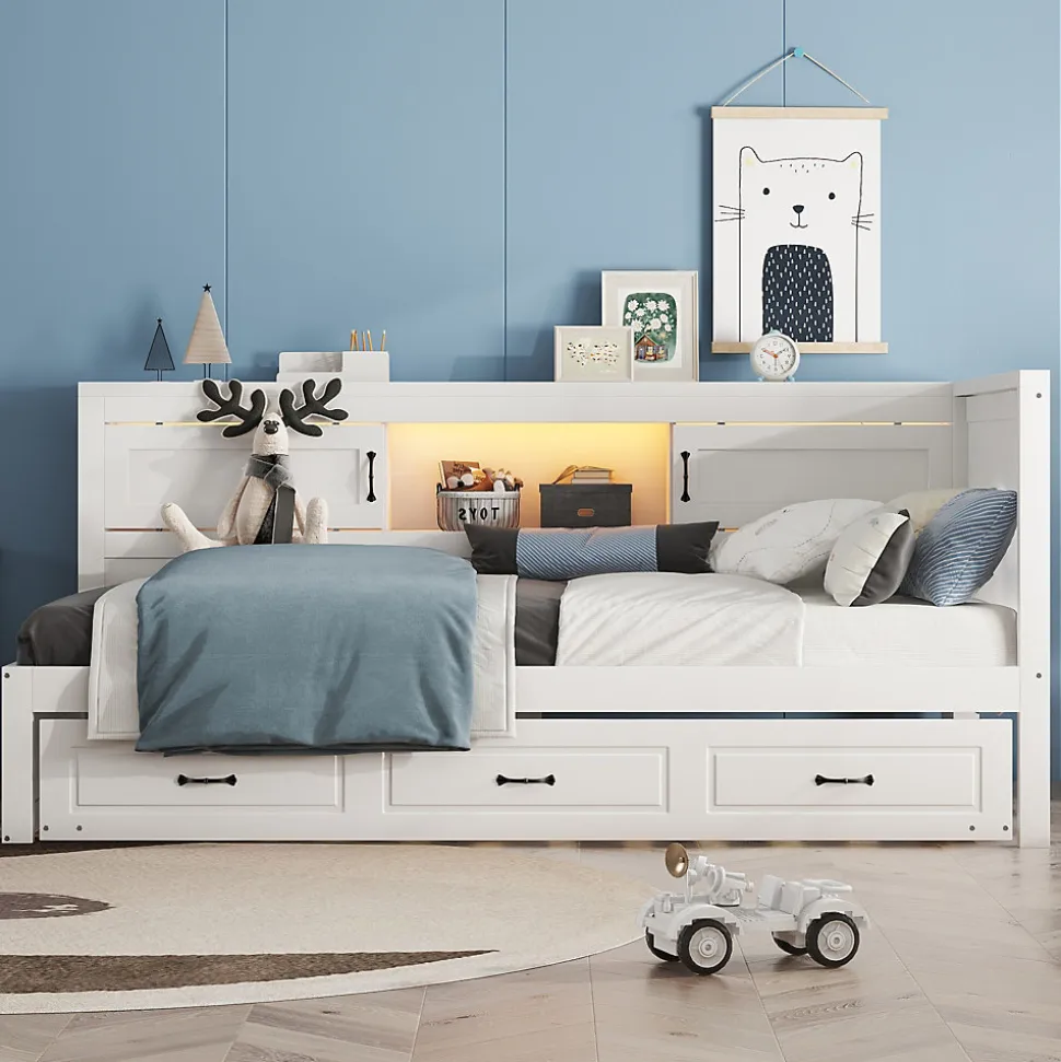 Lit gigogne 90x200 cm avec rangement latéral, LED télécommande et ports USB - sommier inclus - blanc - sans matelas