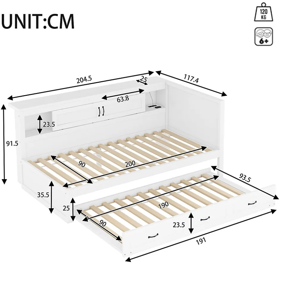 Lit gigogne 90x200 cm avec rangement latéral, LED télécommande et ports USB - sommier inclus - blanc - sans matelas