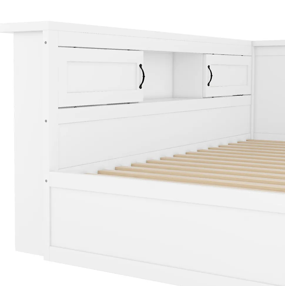 Lit gigogne 90x200 cm avec rangement latéral, LED télécommande et ports USB - sommier inclus - blanc - sans matelas