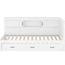 Lit gigogne 90x200 cm avec rangement latéral, LED télécommande et ports USB - sommier inclus - blanc - sans matelas