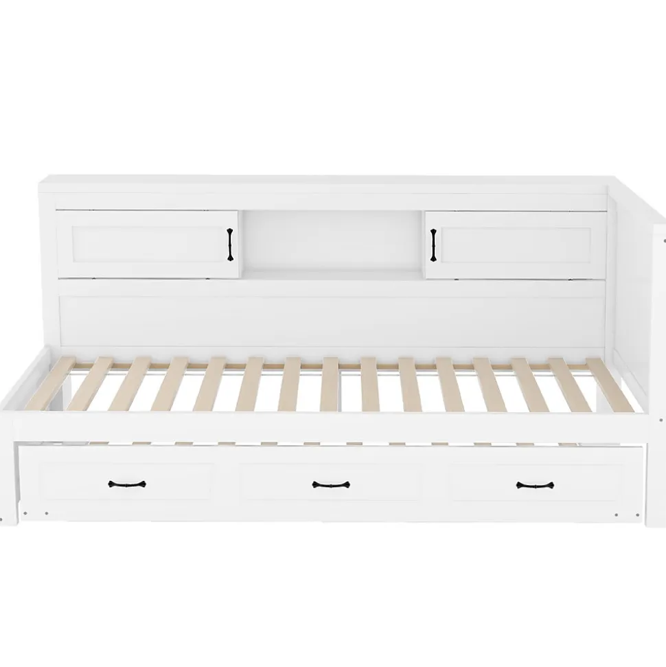 Lit gigogne 90x200 cm avec rangement latéral, LED télécommande et ports USB - sommier inclus - blanc - sans matelas