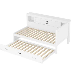 Lit gigogne 90x200 cm avec rangement latéral, LED télécommande et ports USB - sommier inclus - blanc - sans matelas