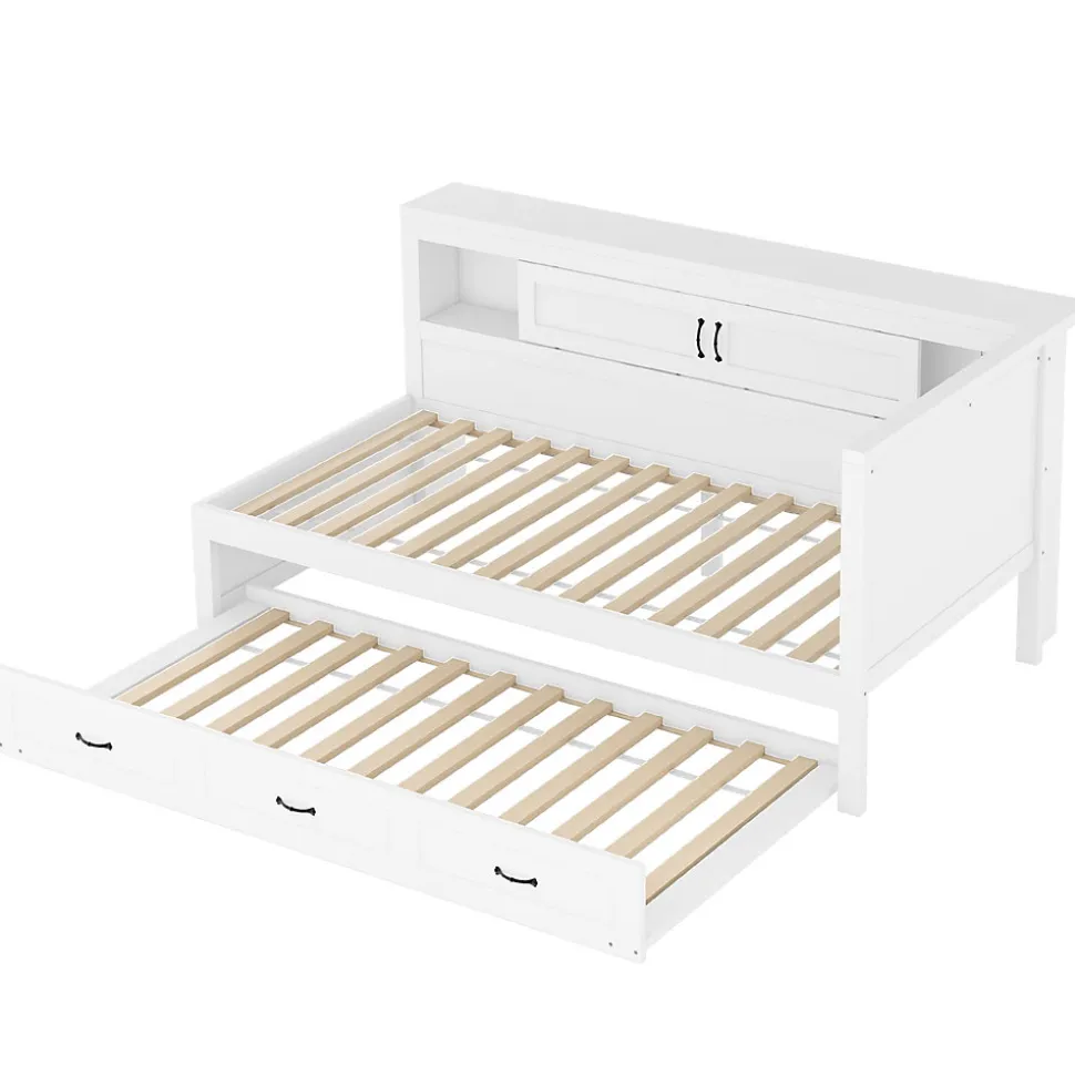 Lit gigogne 90x200 cm avec rangement latéral, LED télécommande et ports USB - sommier inclus - blanc - sans matelas