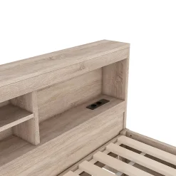 Lit gigogne 90x200 cm avec rangement latéral, LED télécommande et ports USB - sommier inclus - naturel - sans matelas