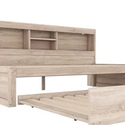 Lit gigogne 90x200 cm avec rangement latéral, LED télécommande et ports USB - sommier inclus - naturel - sans matelas