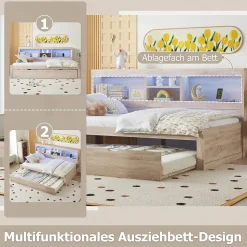 Lit gigogne 90x200 cm avec rangement latéral, LED télécommande et ports USB - sommier inclus - naturel - sans matelas