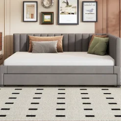 Lit Gigogne 140x200 cm avec Sommier à Lattes et Lit Tiroir Multifonction - Sans Matelas - Velours Gris