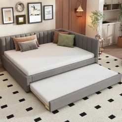 Lit Gigogne 140x200 cm avec Sommier à Lattes et Lit Tiroir Multifonction - Sans Matelas - Velours Gris