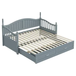 Lit Gigogne 90/180x200 cm avec Tiroirs et Sommier à Lattes Intégré, Lit Multifonction en Pin Massif, Gris