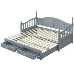 Lit Gigogne 90/180x200 cm avec Tiroirs et Sommier à Lattes Intégré, Lit Multifonction en Pin Massif, Gris